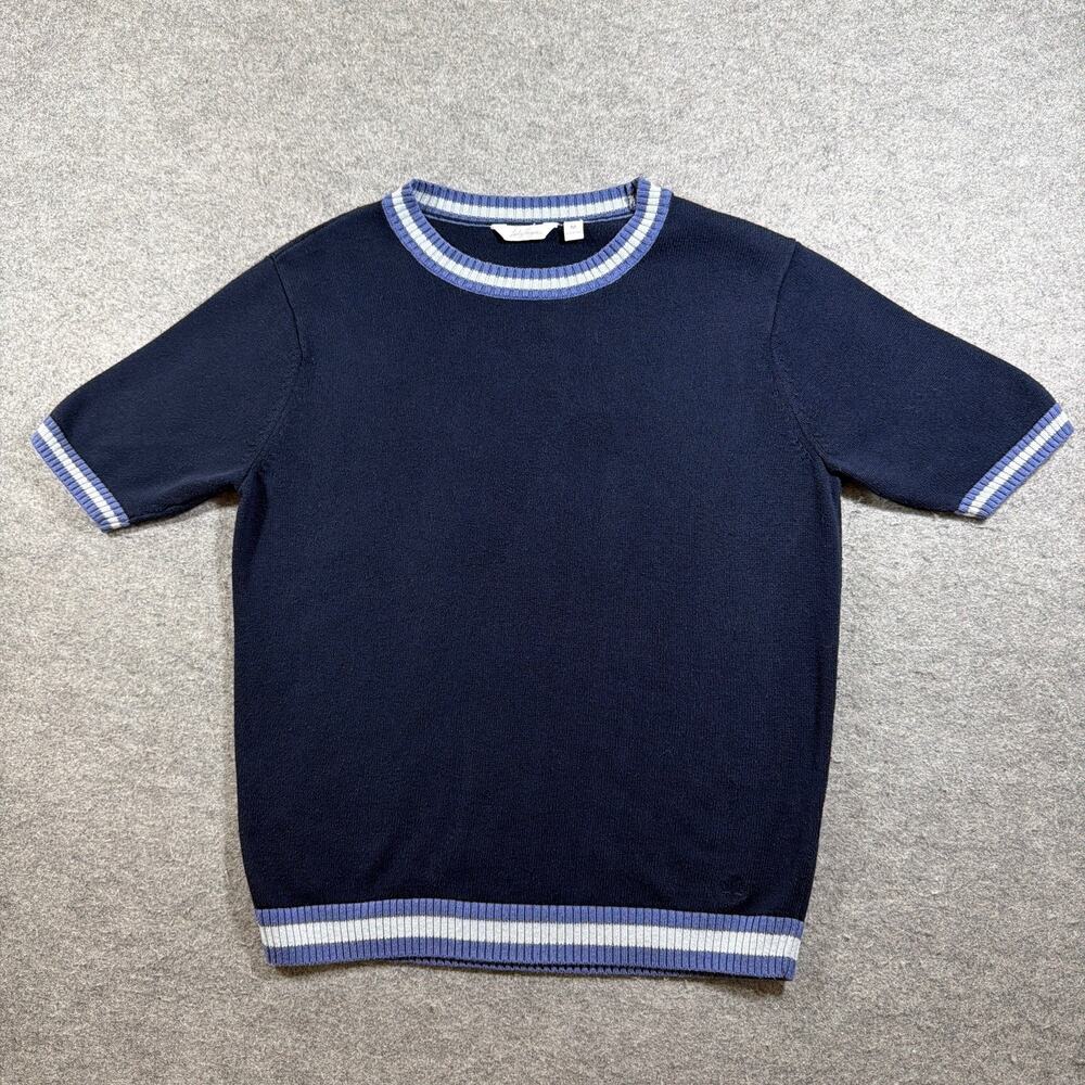 Lady Hagen Sweater Womens M Navy Striped Ribbed Trim Short Sleeve Knit Golf